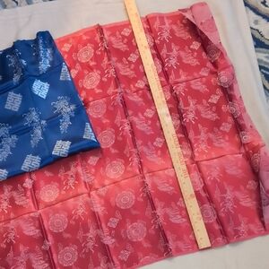 Red and Blue Satin Fabric Panels with White Motifs